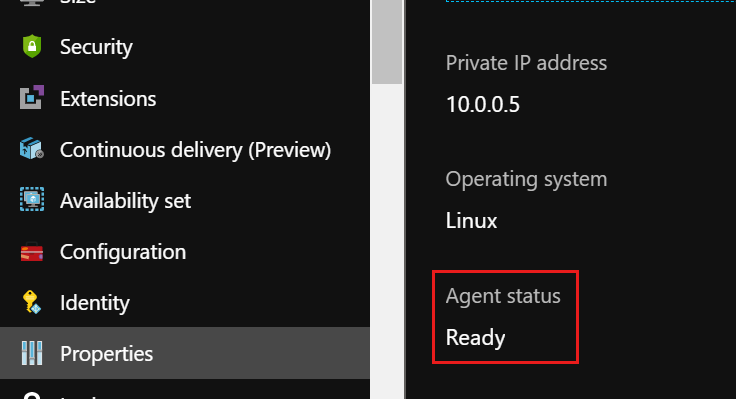 Schermopname van de agentstatus op de pagina Eigenschappen in Azure Portal.