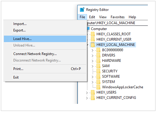 Schermopname van de HKEY_LOCAL_MACHINE-toets en de optie Hive laden in het menu Bestand van registereditor.