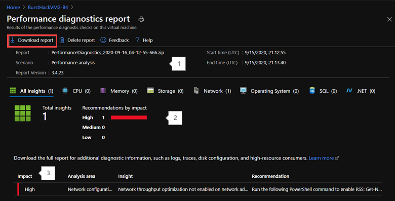 Schermopname van de knop Rapport downloaden op de rapportpagina Prestatiediagnose.