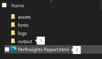 Schermopname van de uitvoermap en het HTML-bestand perfInsight-rapport in de mapstructuur.