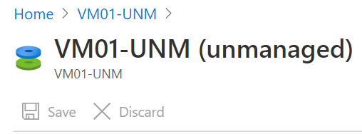 Schermopname van het woord onbeheerd dat is toegevoegd aan de naam van een V M in Azure Portal.