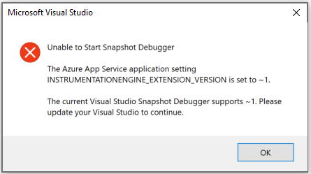 Schermopname van incompatibele site-extensie Snapshot Debugger Visual Studio 2017.