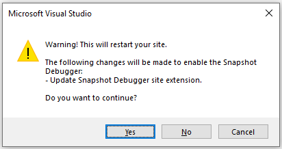 Schermopname van incompatibele Snapshot Debugger-site-extensie Visual Studio 2019.