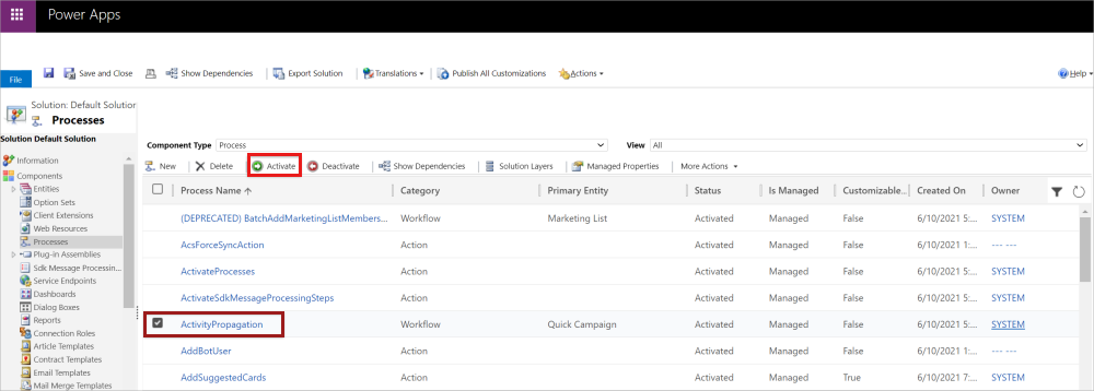 Activeer het ActivityPropagation-proces door de knop Activeren te selecteren.