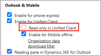 Instelling om een entiteit alleen-lezen te maken in de Unified Client.