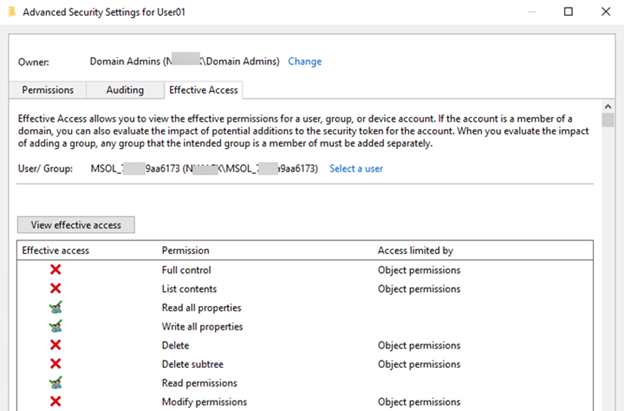 Schermopname van informatie onder het tabblad Effectieve toegang in het venster Geavanceerde beveiligingsinstellingen.