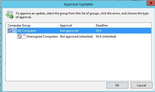 Schermopname van het scherm WSUS Approve Updates.