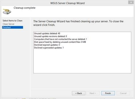 De wizard ‘Opschoning van de WSUS-server’ na afloop.