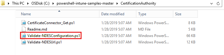 Schermopname van het openen van het script Validate-NDESConfiguration.ps1.