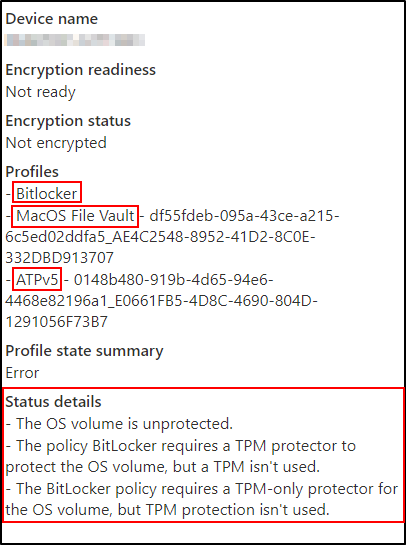 Intune-statusdetails waarin wordt weergegeven dat het apparaat niet gereed is voor versleuteling en niet versleuteld.