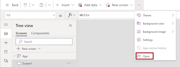 Schermopname van een pop-up aan het einde van de menubalk in Power Apps Studio, met meer menu-items. De optie Openen is gemarkeerd.