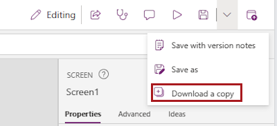Schermopname van een uitgevouwen submenu voor het menu-item Opslaan in Power Apps Studio. De optie Een kopie downloaden is gemarkeerd.