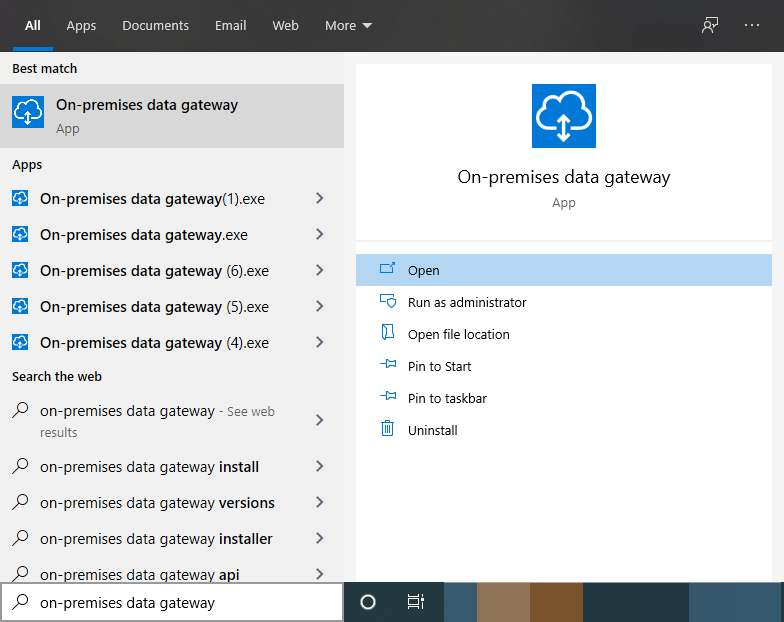 Schermopname van het zoeken naar de on-premises gegevensgateway-app vanuit de Startmenu.