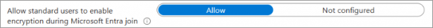 Schermopname van de Intune-beleidsinstelling met Standaardgebruikers toestaan om versleuteling in te schakelen tijdens Microsoft Entra Join.