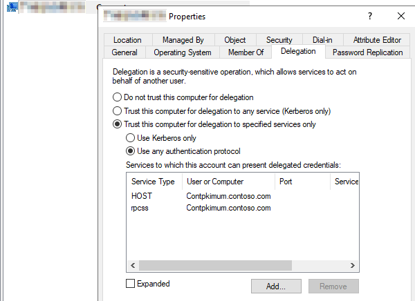 Selecteer Een verificatieprotocol gebruiken onder de optie Deze computer vertrouwen om alleen de opgegeven services te delegeren.