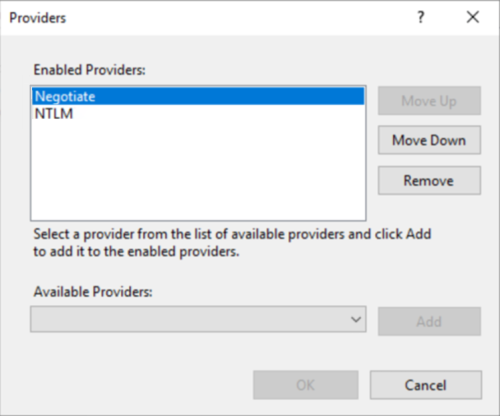Schermopname van het venster Providers met de optie Ingeschakelde providers bevat Negotiate.