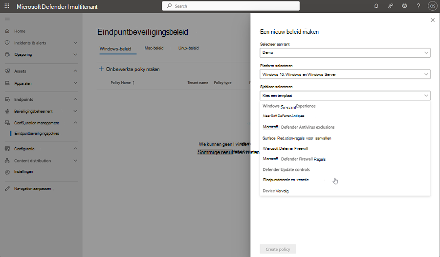 Schermopname van de pagina voor het maken van beleid op de pagina voor het beveiligingsbeleid voor eindpunten in multitenantbeheer.