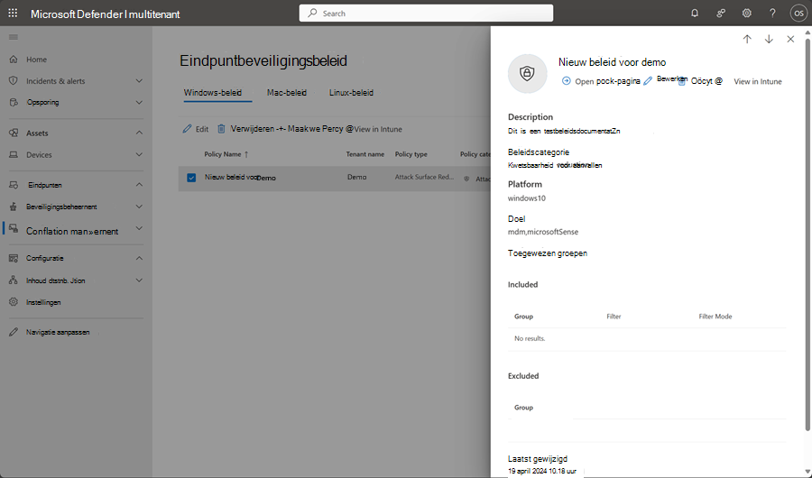 Schermopname van het bewerkingsvenster voor eindpuntbeveiligingsbeleid in multitenantbeheer in Microsoft Defender XDR.