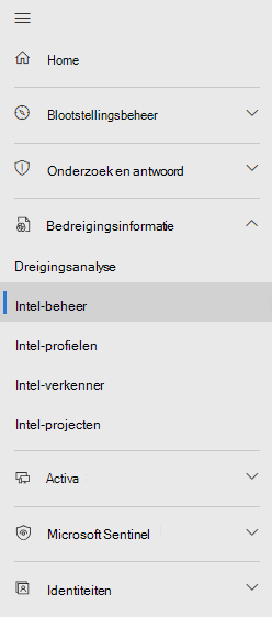 Schermopname van de nieuwe menuplaatsing voor Microsoft Sentinel bedreigingsinformatie.