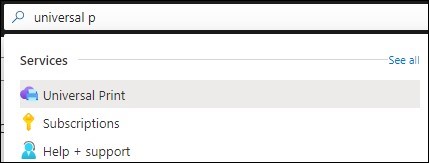 Een schermopname van Azure Portal met Universal Print onder Alle services.