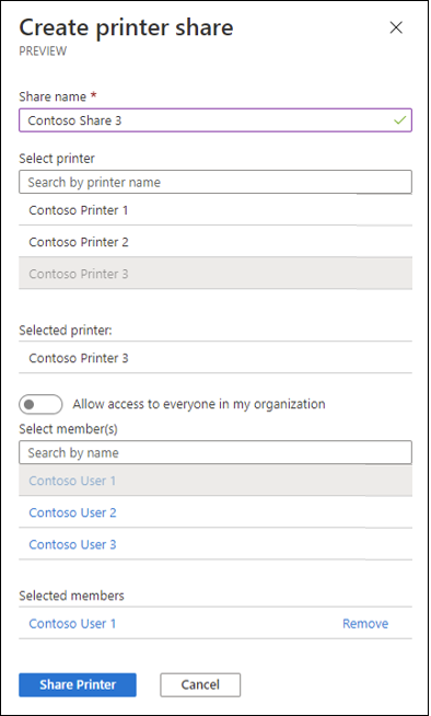 Een schermopname van het dialoogvenster Printershare maken in de Universal Print-portal.