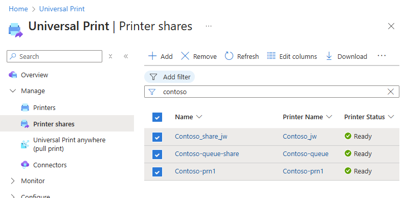 Een schermopname die laat zien hoe u meerdere printershares verwijdert met behulp van de Universal Print-portal.