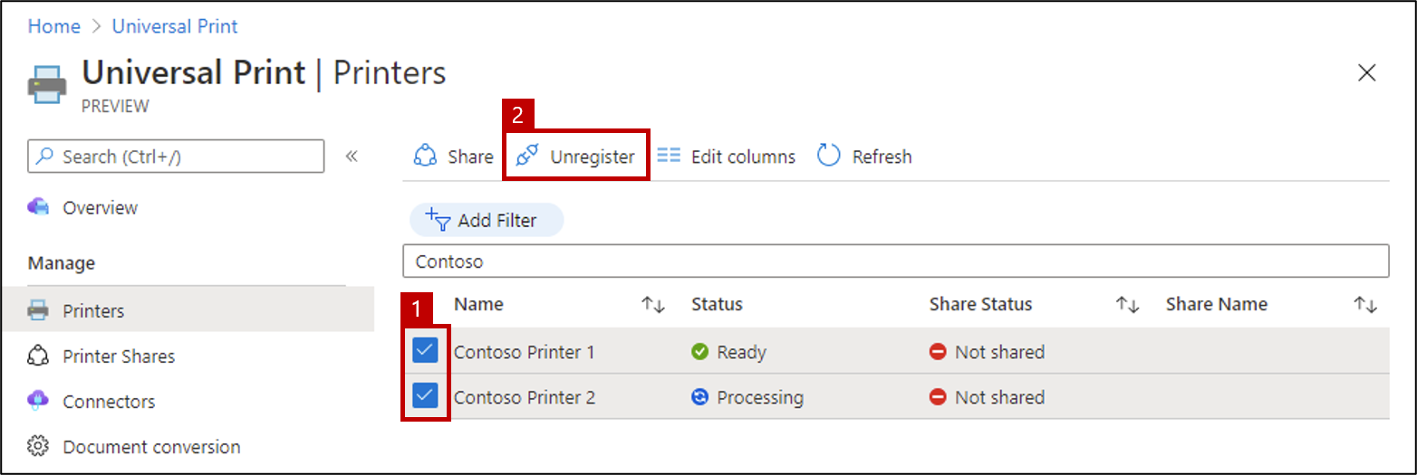 Een schermopname die laat zien hoe u de registratie van meerdere printers tegelijk ongedaan maakt in de Universal Print-portal.