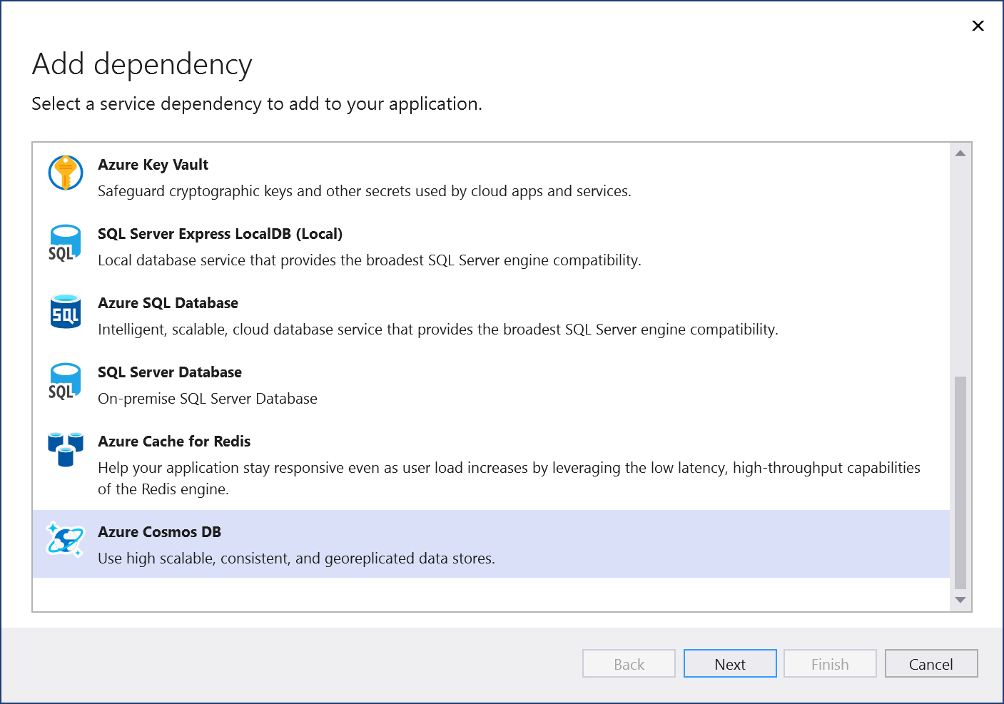 Schermopname met het scherm Afhankelijkheid toevoegen, waarbij u de optie Azure Cosmos DB toevoegen selecteert.