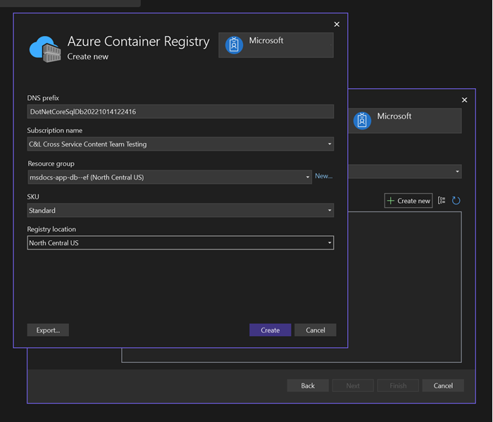 Een schermopname waarin wordt getoond hoe u een nieuw containerregister maakt.