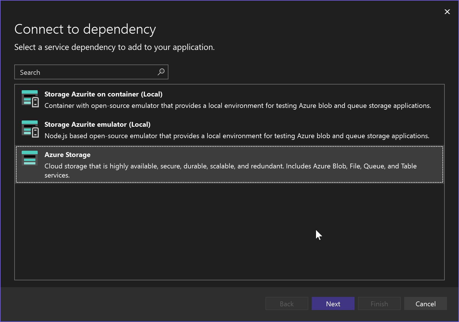 schermopname van het maken van verbinding met afhankelijkheid - Azure Storage.