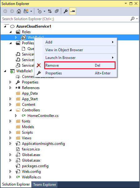 Schermopname van de menuoptie voor het verwijderen van een rol in een Azure Cloud Services-project (uitgebreide ondersteuning).