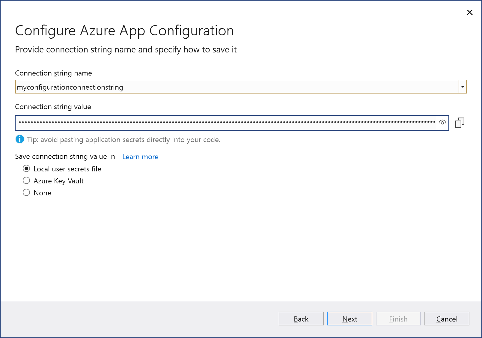 Screenshot showing "Specify connection string" screen.