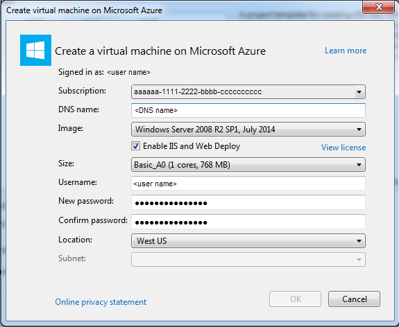 Virtuele machine maken in Azure dialoogvenster