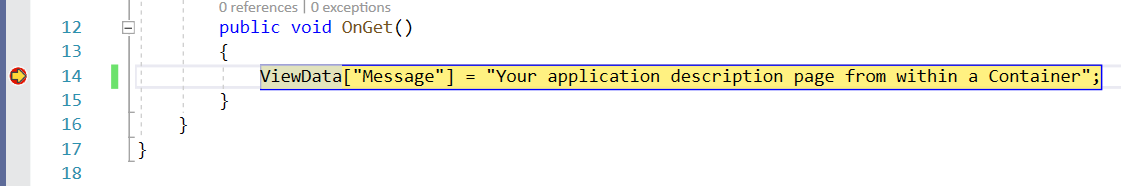 Schermopname van een deel van de code voor Index.cshtml.cs in Visual Studio met een onderbrekingspunt links van een coderegel die geel is gemarkeerd.