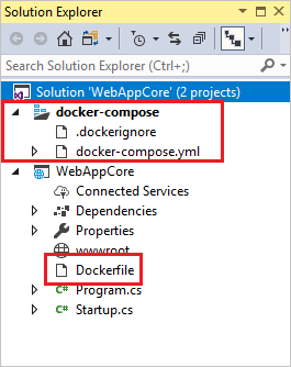 Schermopname van Docker-bestanden in Solution Explorer in Visual Studio.