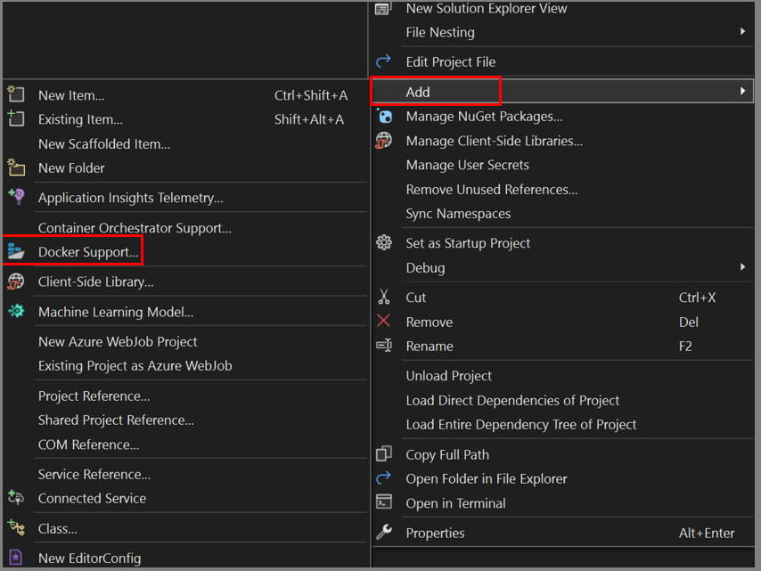 Schermopname waarin wordt getoond hoe u de menuoptie Docker Support toevoegt in Visual Studio.