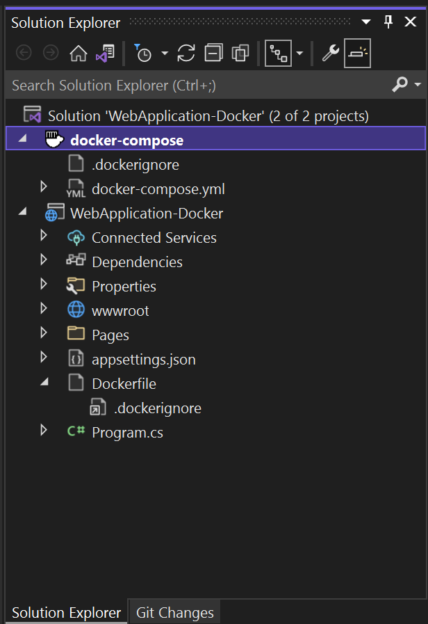 Schermopname van Docker-bestanden in Solution Explorer in Visual Studio.