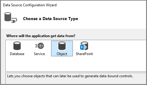 Schermopname van de gegevensbronconfiguratiewizard met objectbron.