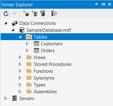 knooppunt Tabellen uitgevouwen in Server Explorer