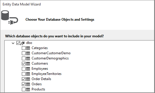Schermopname van het kiezen van databaseobjecten voor het model.