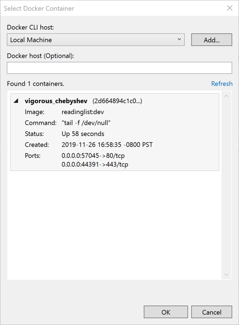 schermopname van het menu Docker-container selecteren.