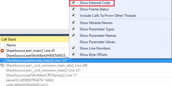 schermopname van Externe code weergeven in het venster Aanroepstack.