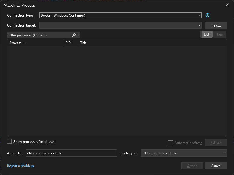 Screenshot of the Attach to Process dialog in Visual Studio showing a Connection type of Docker (Windows Container).