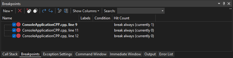 Breakpoints window