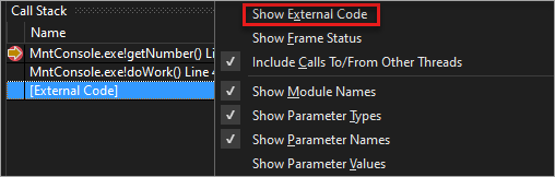 Schermafbeelding van 'Externe code weergeven' in het venster 'Call Stack'.