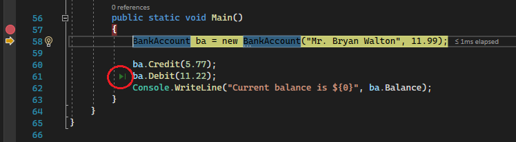 Schermafbeelding van de debugger van Visual Studio die de 'Klik om te Uitvoeren' knop toont, net links van een aanroep naar een functie.