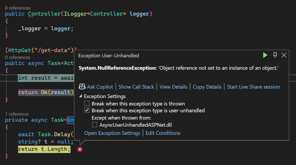 Screenshot of Exception helper with async method.