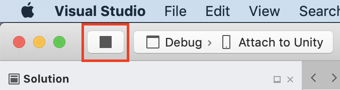 Screenshot of the Stop button in Visual Studio for Mac.
