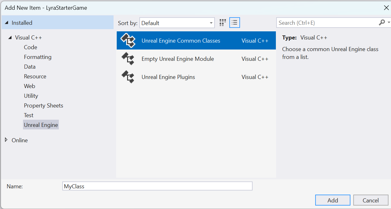 Een schermopname van het dialoogvenster Nieuw item toevoegen, met Common Classes van unreal engine geselecteerd.