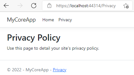 Schermopname toont de privacypagina van MyCoreApp met de volgende tekst: Gebruik deze pagina om het privacybeleid van uw site te beschrijven.